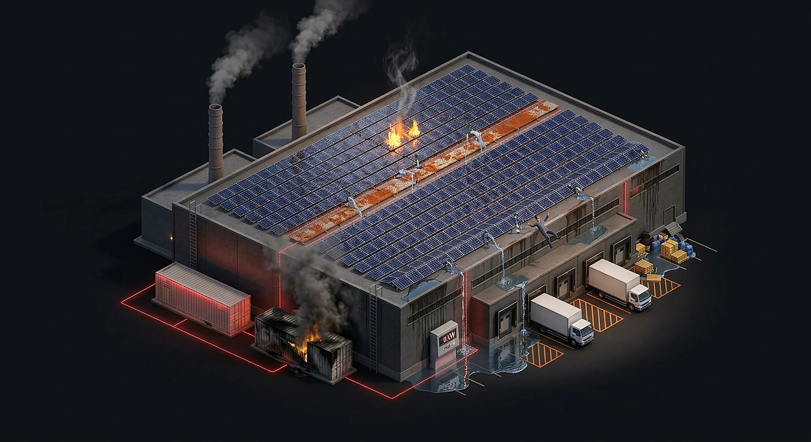 Isometric render of a failed low-cost solar installation on a factory — system offline, panel fire, corroded walkway and no roof protection
